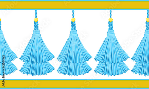 Vector seamless border pattern. Horizontal tassels from yarn or tread with beads and braid on cords, flat macrame style. Bright blue colors, abstract design