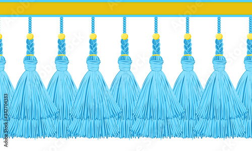 Seamless border pattern, abstract vector elements for design. Horizontal tassels from yarn or tread with beads and braid on cords, flat macrame style. Bright blue colors