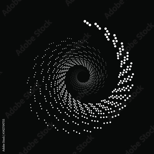 Vortex white halftone dots shape. Geometric art. Trendy design element for logo, tattoo, sign, symbol, web pages, prints, posters, template, pattern and abstract background