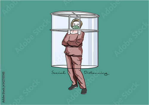 Vector Illustration of People practicing Social Distancing or Physical Distancing during COVID-19 pandemic / outbreak, Coronavirus changes our way of life, Innovation, Personal Gadget, Body shield