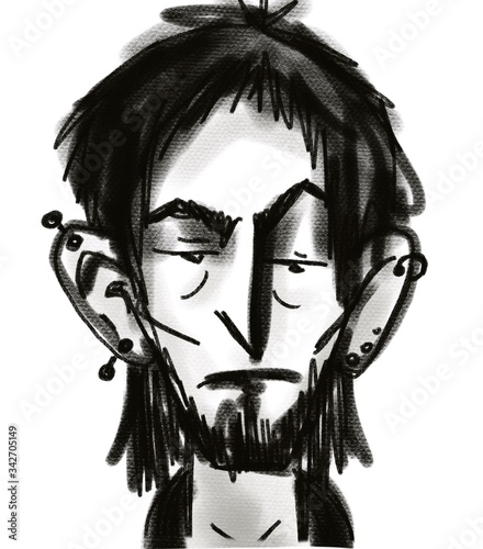 hand drawn sketch of cartoon character young tired depressed man isolated on white