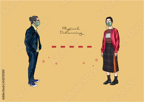 Vector Illustration of People practicing Social Distancing or Physical Distancing during COVID-19 pandemic / outbreak, Coronavirus changes our way of life