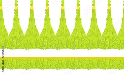 Seamless border pattern, abstract vector elements for design. Horizontal deep green tassels from green straw or yards, treads. Bright, colorful summer design, flat macrame style