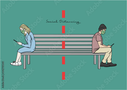 Vector Illustration of People practicing Social Distancing or Physical Distancing during COVID-19 pandemic / outbreak, Coronavirus changes our way of life