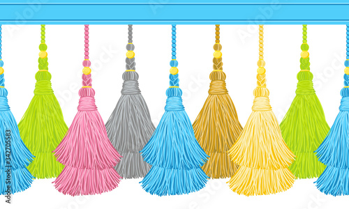 Seamless border pattern, abstract vector elements for design. Horizontal tassels from yarn or tread with beads and braid on cords, flat macrame style. Punchy pastel colors – blue, pink, turquoise