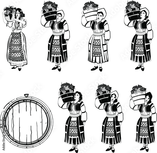 Photos Wine in tradition with woman which carries the grapes in folk costume