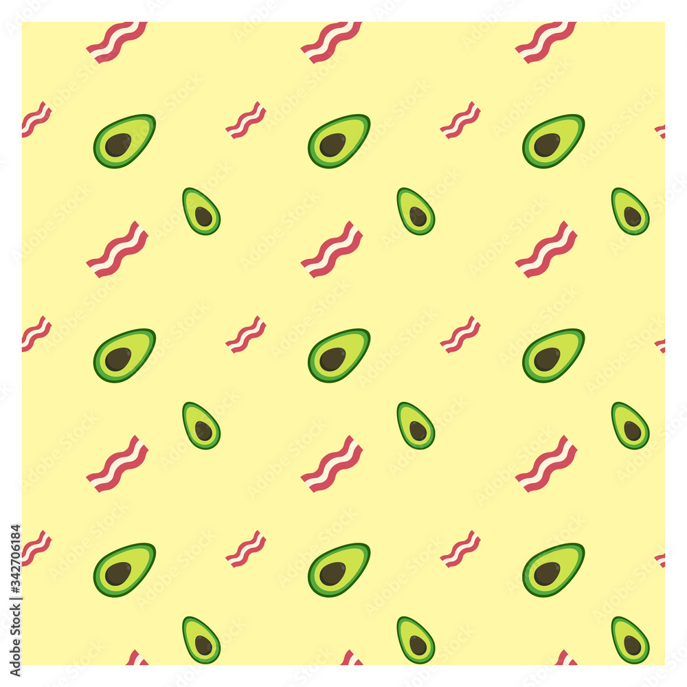 Seamless pattern for fabric or poster. Repeat healthy Breakfast with avocado. Good nutrition. Avocado and bacon for Breakfast. 