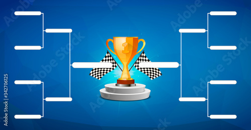 Tournament bracket template for 8 teams with golden cup winner award on blue background