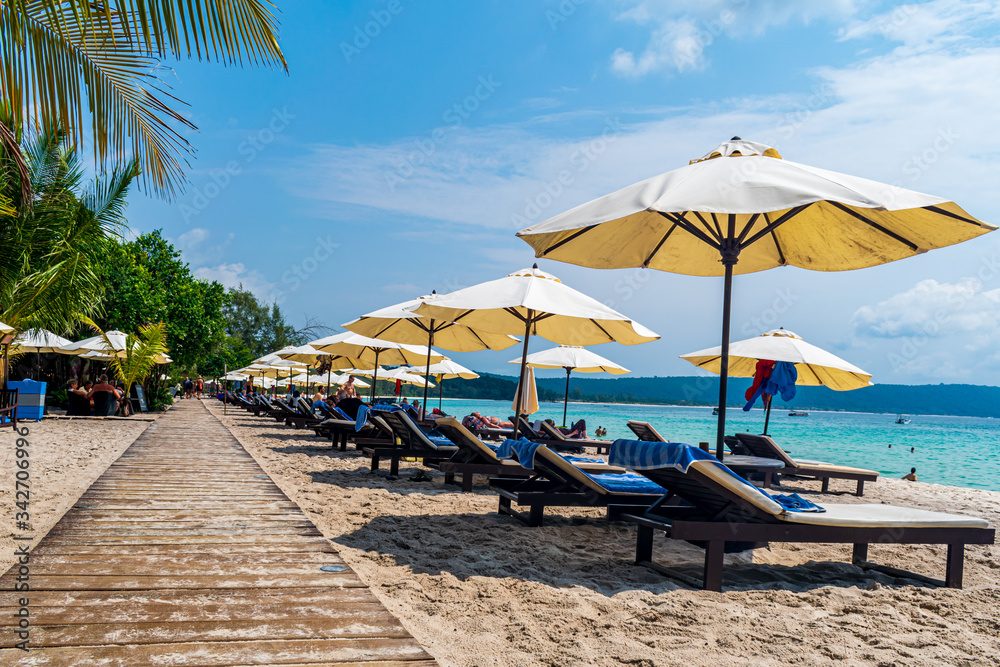 Sok San Beach, Koh Rong, Cambodia- Feb, 2020 : beach chairs and umbrellas on the beach at Sok San, Koh Rong, Cambodia