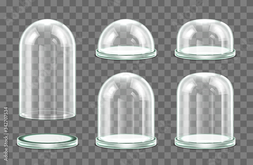 Set of glass dome with glass tray isolated on transparent background. Realistic 3d detailed spherical glass dome cover. Vector illustration