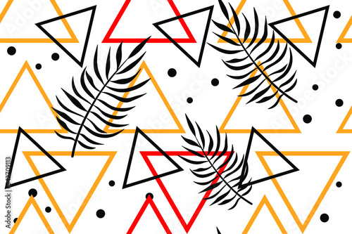 
Triangular ornament with tropical leaves. Bright summer print. Geometric background. Colorful geometric seamless pattern for wallpaper, fabric, clothes, interior. Vector illustration