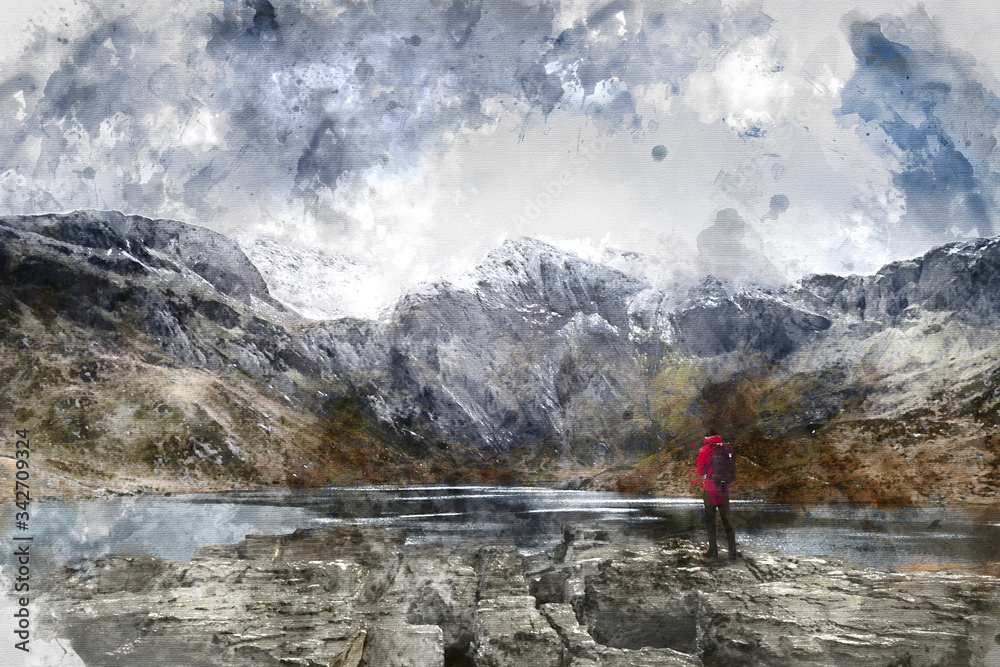 Digital watercolor painting of Beautiful moody Winter landscape image of Llyn Idwal and snowcapped Glyders Mountain Range in Snowdonia
