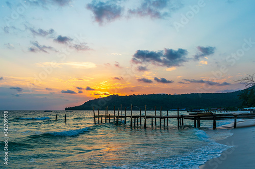 Sok San Beach  Koh Rong  Cambodia- Feb  2020   a wooden pier and a beautiful sunset from the Sok San Beach  Koh Rong  Cambodia