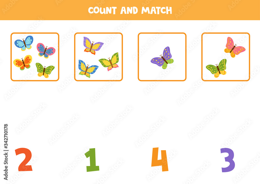 Counting game for kids. Match butterflies and numbers.