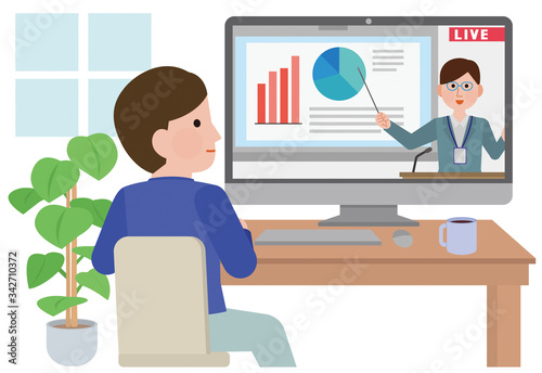 オンラインセミナー　視聴する男性　パソコン　イラスト