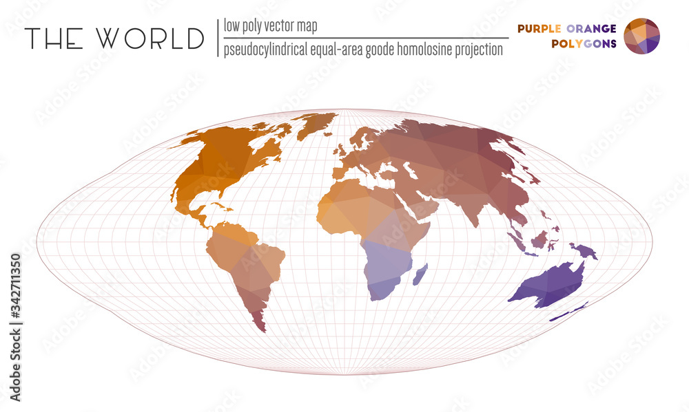 Low poly world map. Pseudocylindrical equal-area Goode homolosine projection of the world. Purple Orange colored polygons. Neat vector illustration. Low poly world map. Pseudocylindrical equal-area Goode homolosine projection of the world. Purple Orange colored polygons. Neat vector illustration.