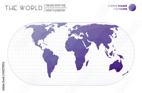 Low poly world map. Eckert IV projection of the world. Purple Shades colored polygons. Beautiful vector illustration.