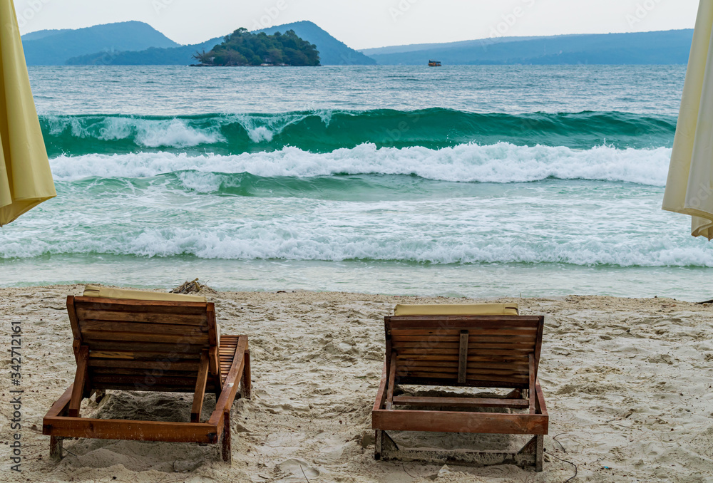 Beach chairs on the beach at the Longset Beach, Koh Rong, Cambodia