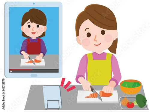 オンライン　料理教室　女性　イラスト　