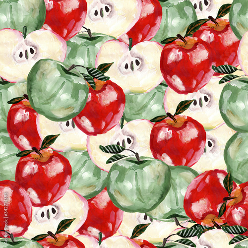 Fototapeta Naklejka Na Ścianę i Meble -  Green, red and sliced apples seamless pattern.