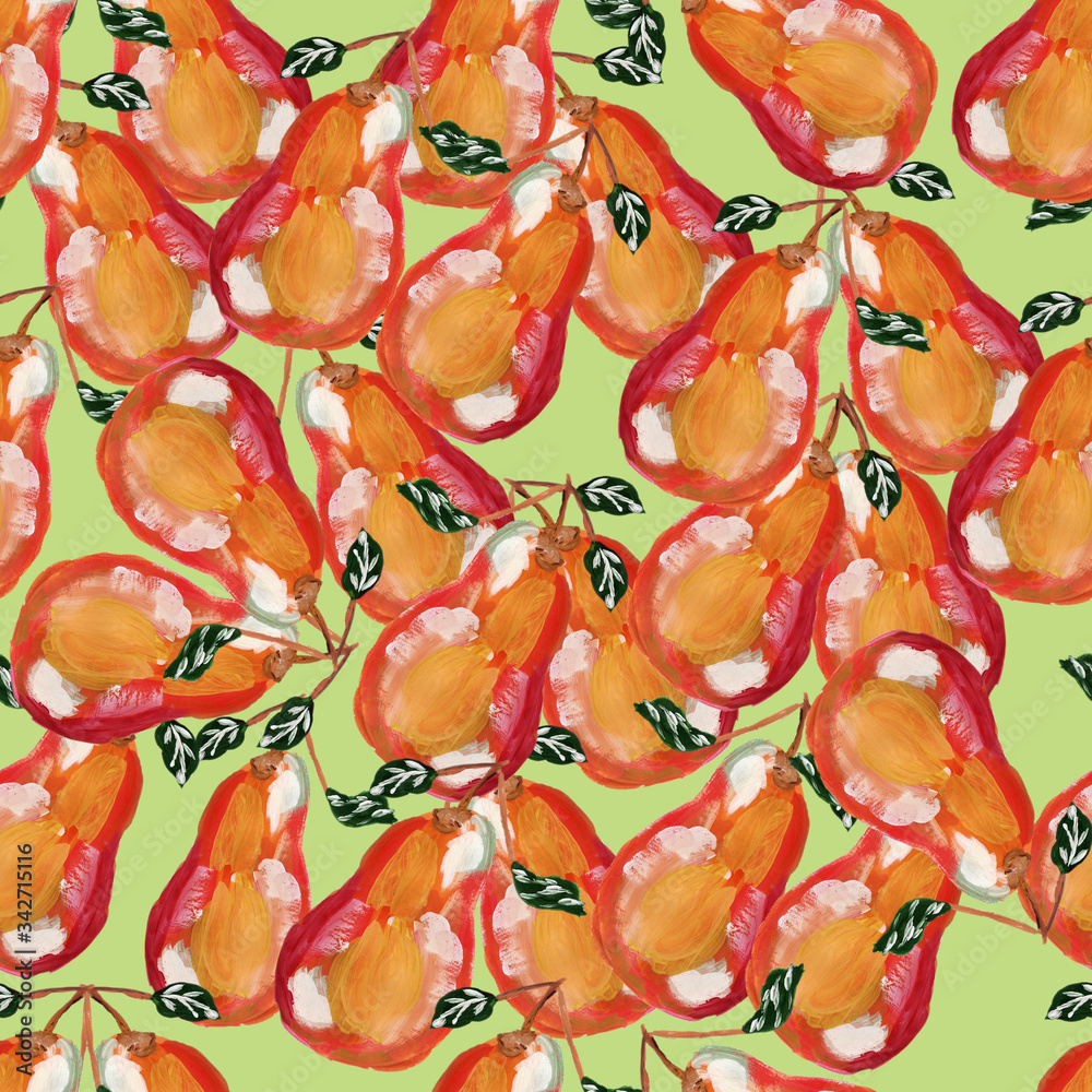 Ripe pears and leaves seamless pattern.
