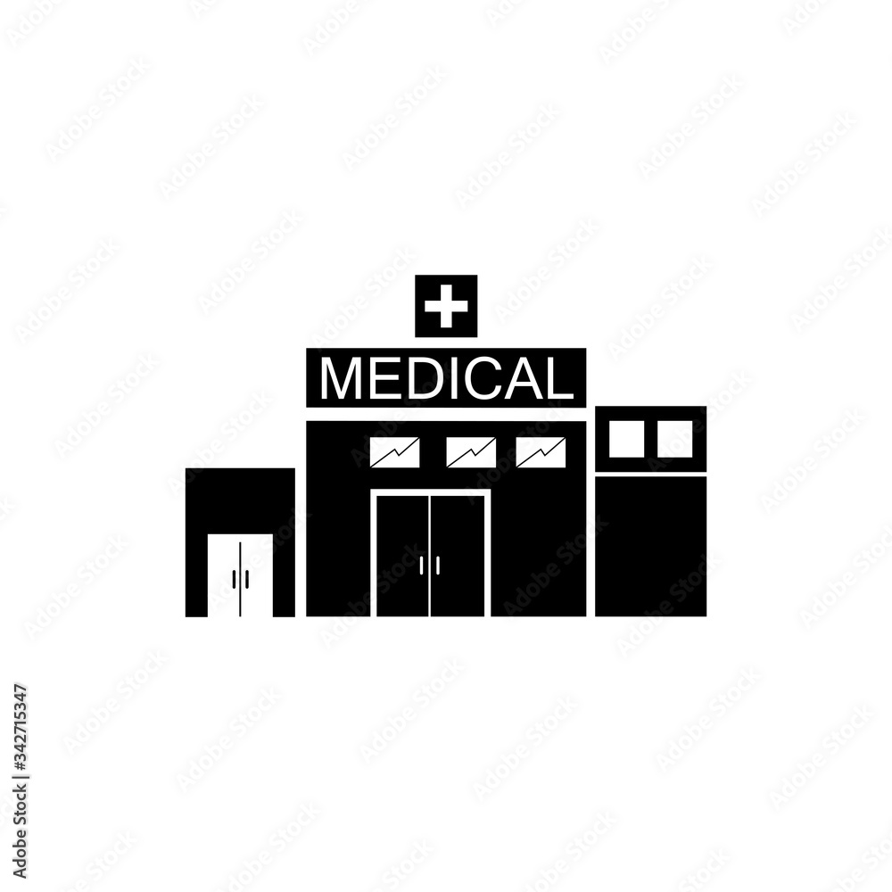 Vector icon of hospital building front silhouette on white background Vector icon of hospital building front silhouette on white background