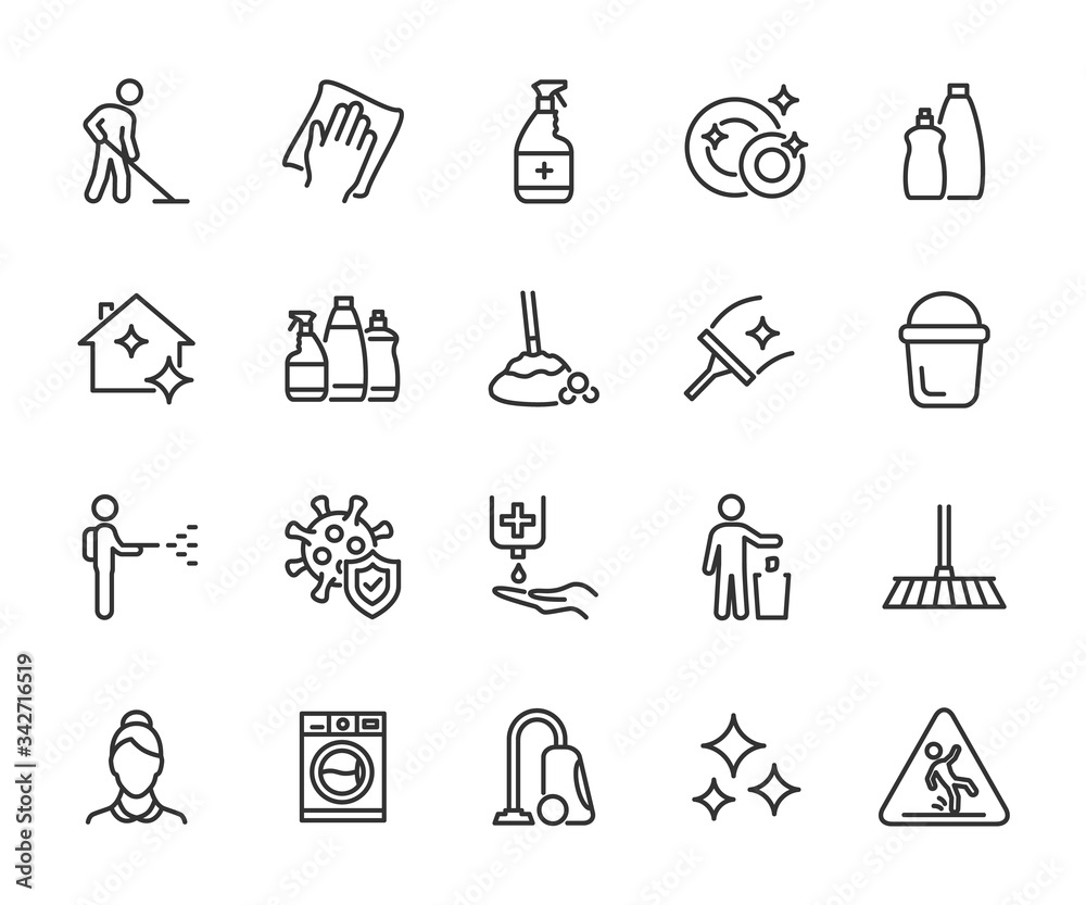 Vector set of cleaning line icons. Contains icons disinfection, detergents, maid, laundry, cleaning services, wet floor, virus protection and more. Pixel perfect. - obrazy, fototapety, plakaty 
