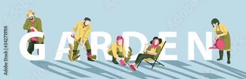 Vector Garden worker humans with supplies on blue background