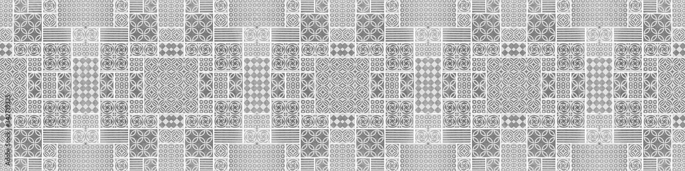 Gray white vintage retro geometric square rectangle mosaic stamp art motif cement tiles flower blossom print texture background banner panorama