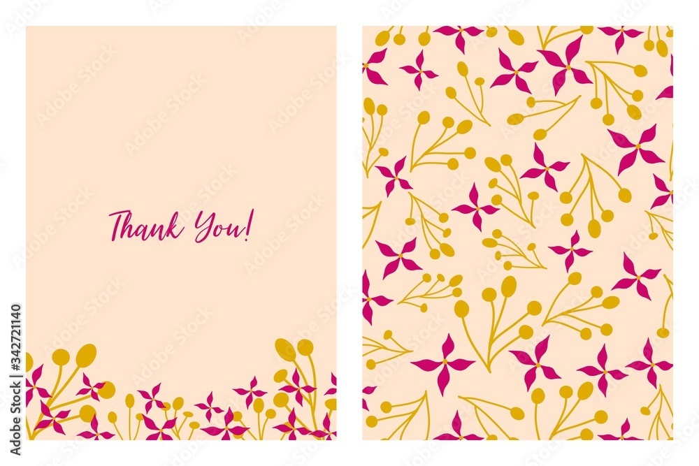 Thank You card with floral pattern. Flat style hand drawn illustrations with copy space for text. Simple cartoon design.