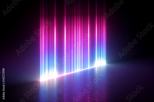 3d render  digital illustration  abstract neon background  vertical glowing lines  bright light  laser rays on the dark stage