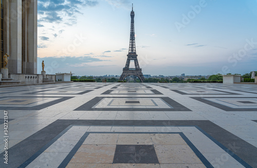 Paris, France - 04 25 2020: View of the Eiffel Tower from the Trocadero esplanade during the coronavirus period photo