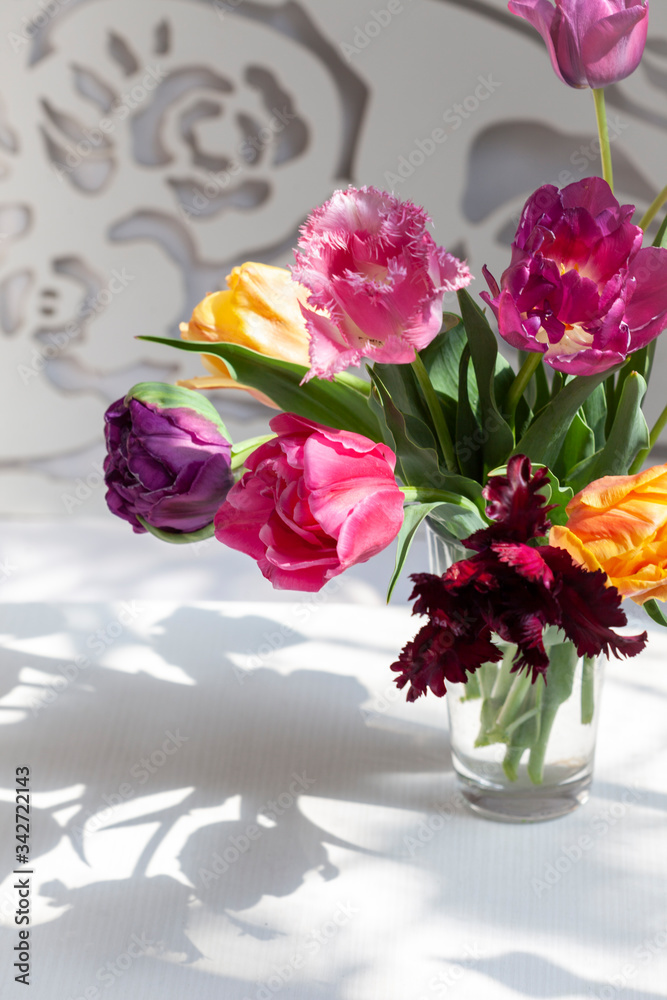 Bouquet of vivid colorful decorative tulips