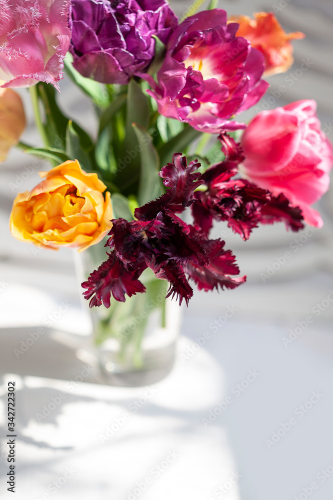 Bouquet of vivid colorful decorative tulips