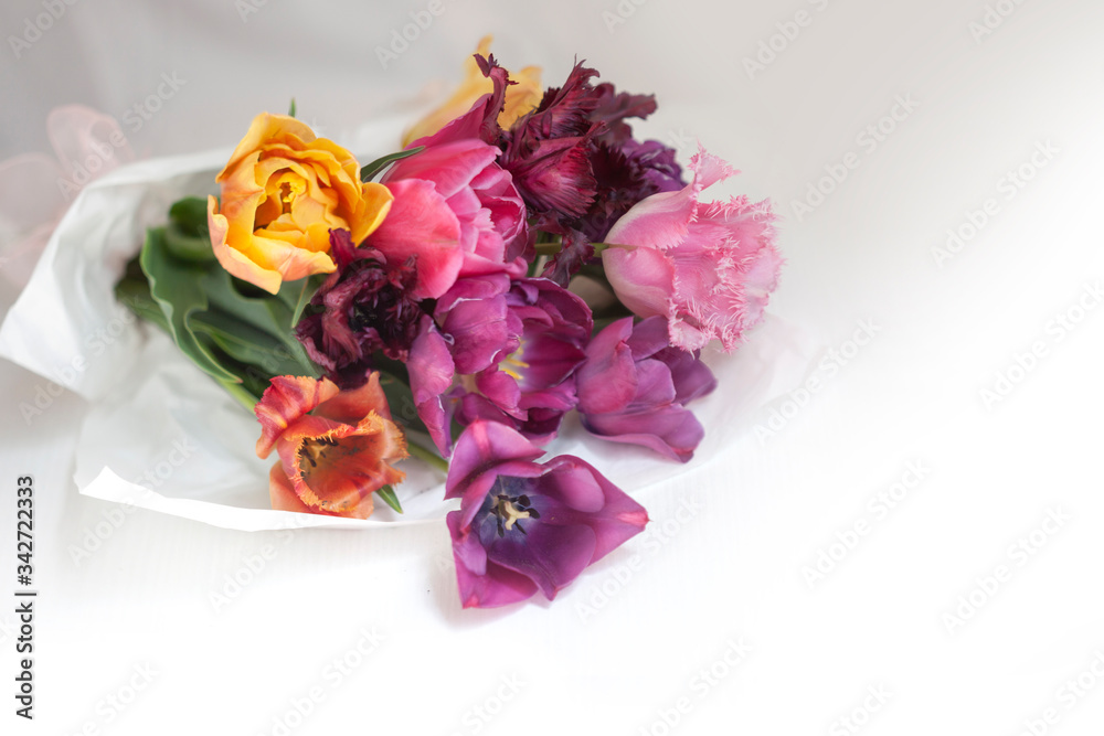 Bouquet of vivid colorful decorative tulips