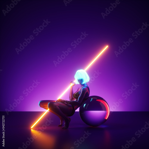 3d render, virtual female model posing, sitting on the stage with neon light glowing stick. Realistic mannequin doll. Futuristic pole dance performance at night club. Slim young woman in blue wig