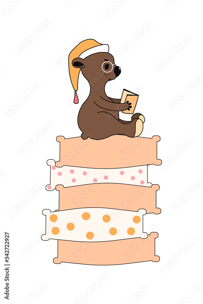Cute bear sitting on pillows. cartoon hand drawn vector illustration. You can use it to print t-shirts, design clothing for children, and invite them to a baby shower. Cute bear sitting on pillows. cartoon hand drawn vector illustration. You can use it to print t-shirts, design clothing for children, and invite them to a baby shower.