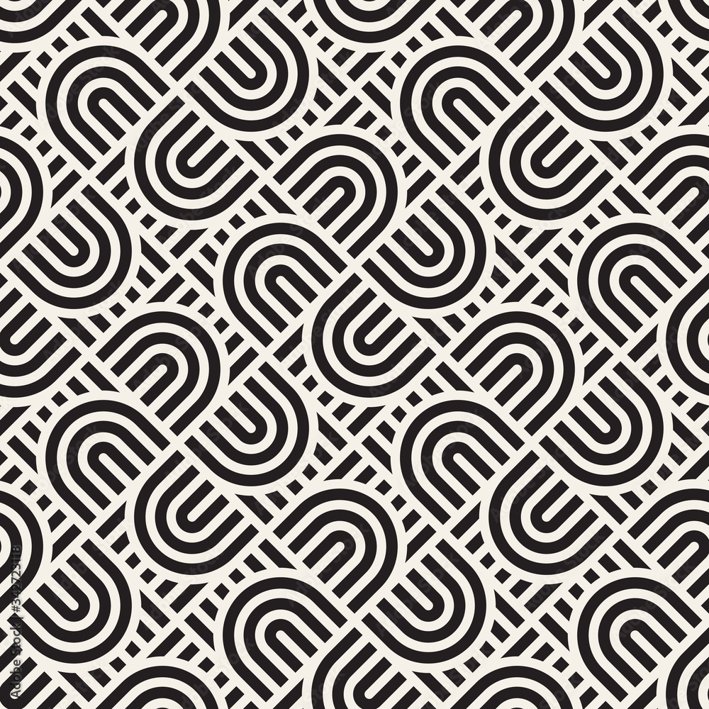 Vector seamless pattern. Concentric bold semi circles. Geometric striped ornament. Rounded diagonal lines stylish background.