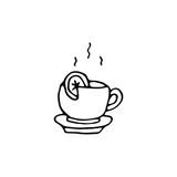 A cup of tea with a slice of lemon on white background. Doodle vector illustration. Graphic elements.