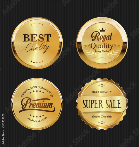 Collection of golden badges and labels retro style
