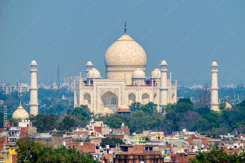 Agra, Uttar Pradesh, India- Feb, 2020 : a birds eye view of the Taj Mahal and the city of Agra, Agra, Uttar Pradesh, India