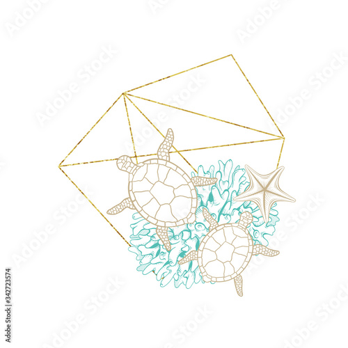 Marine art wreath, sketch line design with turtles and sea corals in vector gold glitter geometric frame. Turquoise underwater corals and starfish line elements summer travel and tropical vacations