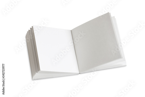 Open blank book on white background. Mockup of opened blank square book.