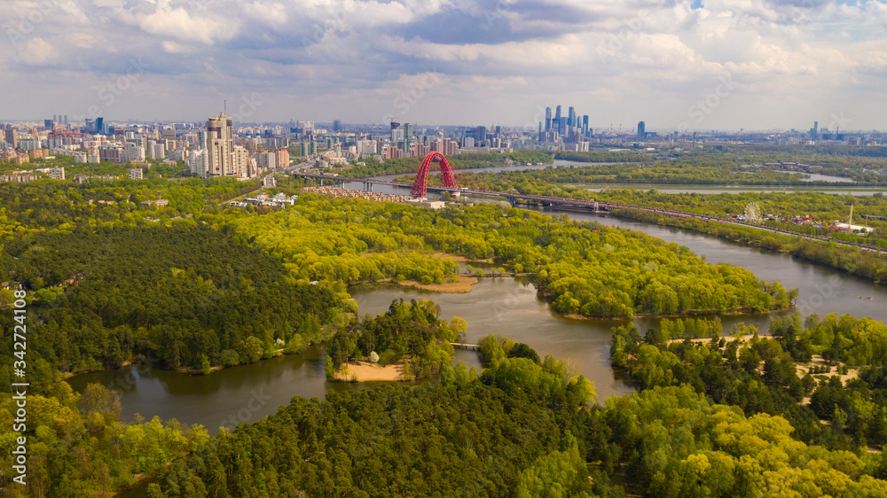 Aerial landscape photo of Moscow city, Russia. Green park. Natural scenery. Pine forest. drone photo
