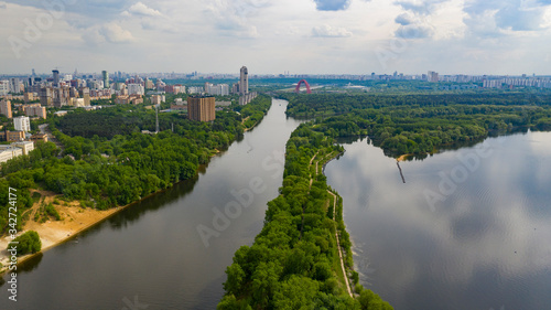 Aerial landscape photo of Moscow city, Russia. Green park. Natural scenery. Pine forest. drone photo