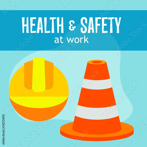 Baner postcard of flat vector icons for safety work with text.  illustration road cone.