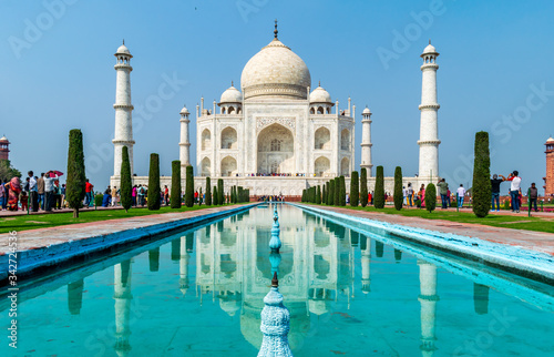 Agra, Uttar Pradesh, India- Feb, 2020 : Taj Mahal and it's reflection on the water, Agra, Uttar Pradesh, India 