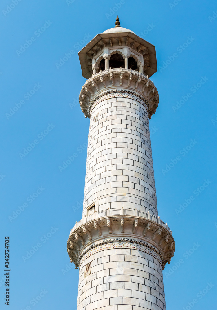 A view of the minaret of the Taj Mahal, Agra, India