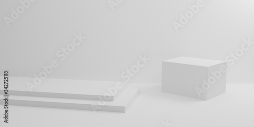 3d exhibition stand. White blank empty podium isolated on gray background for presentation and exposition. Pedestal for display product. Interior stage design. Abstract 3d podium for mock up store.