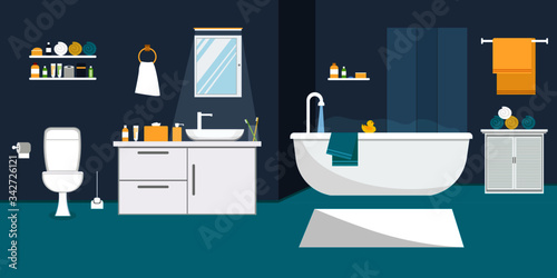 Bathroom interior with furniture in flat design style. Vector illustration.